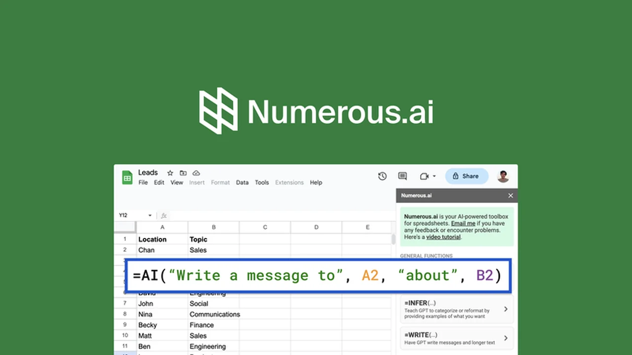Numerous.ai Review: Harnessing ChatGPT Power in Your Spreadsheets